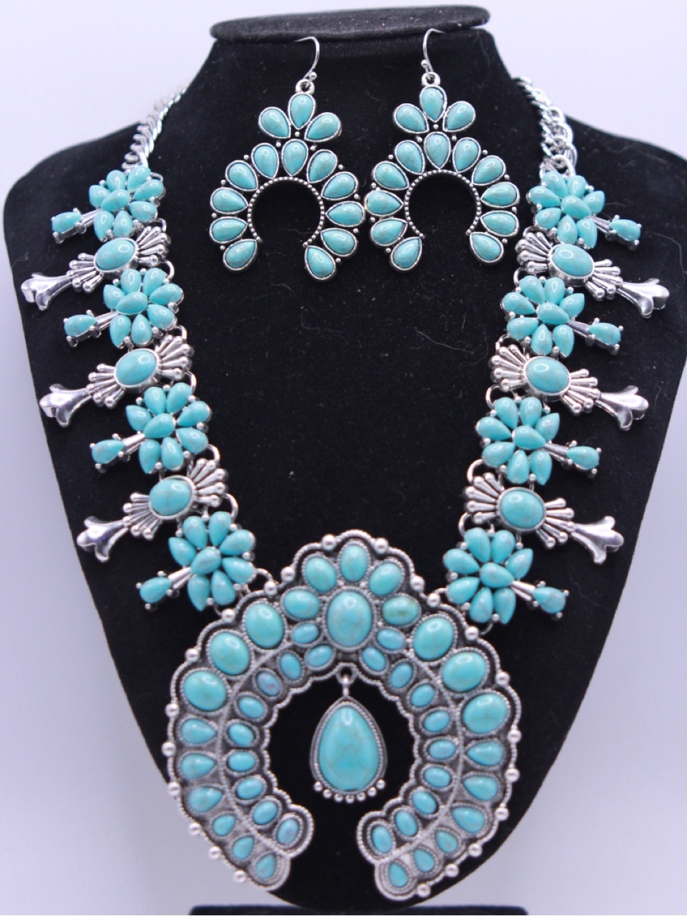 Modern Style Squash Blossom Faux Turquoise Concho Necklace + Earrings Set